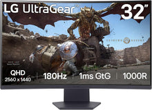 Load image into Gallery viewer, LG 32'' LG 32GS60QC-B Ultragear 32-inch Curved Gaming Monitor QHD (2560x1440) 180Hz 1ms 1000R AMD FreeSync HDR10 HDMIx2 DisplayPort Borderless Design Black Stabilizer DAS Crosshair FPS Counter - Black
